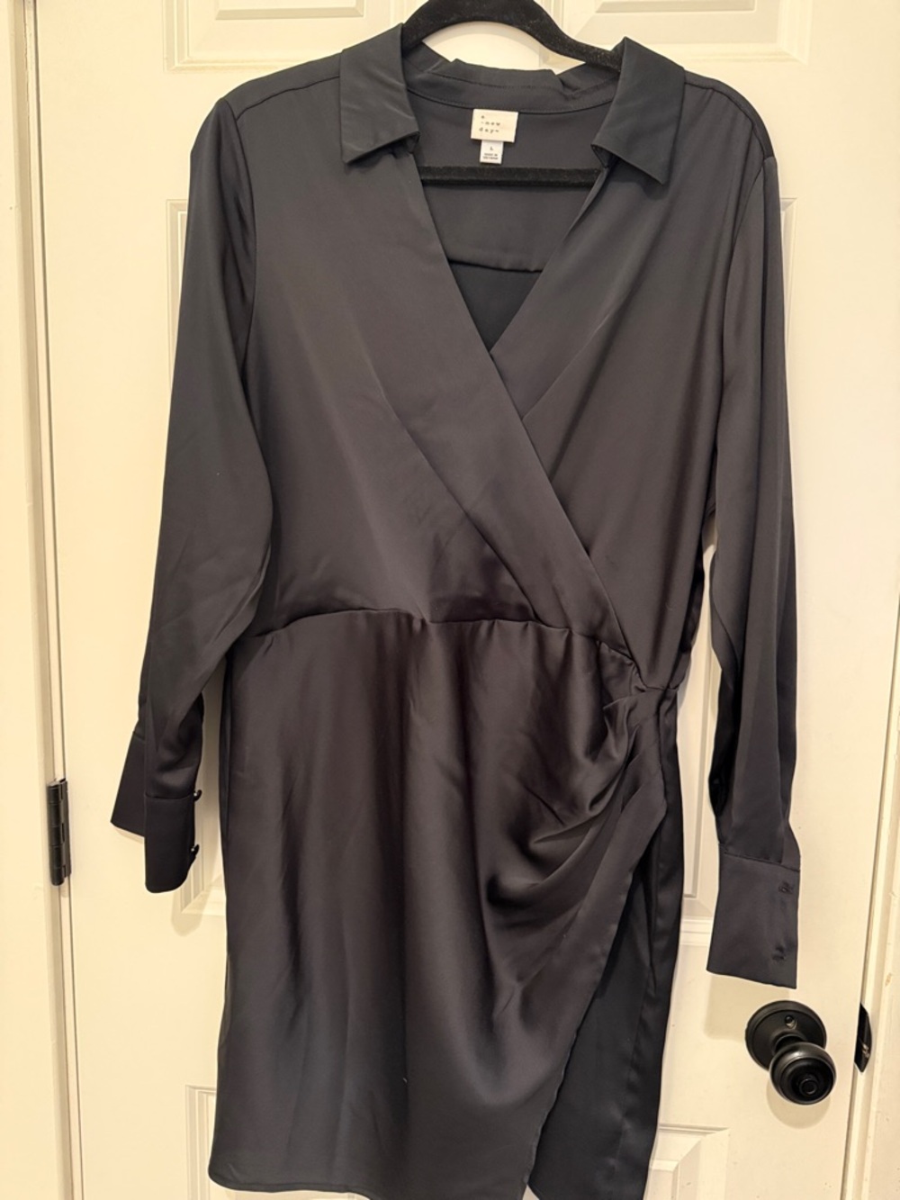 a new day Black Satin Wrap-Style Long Sleeve Dress
